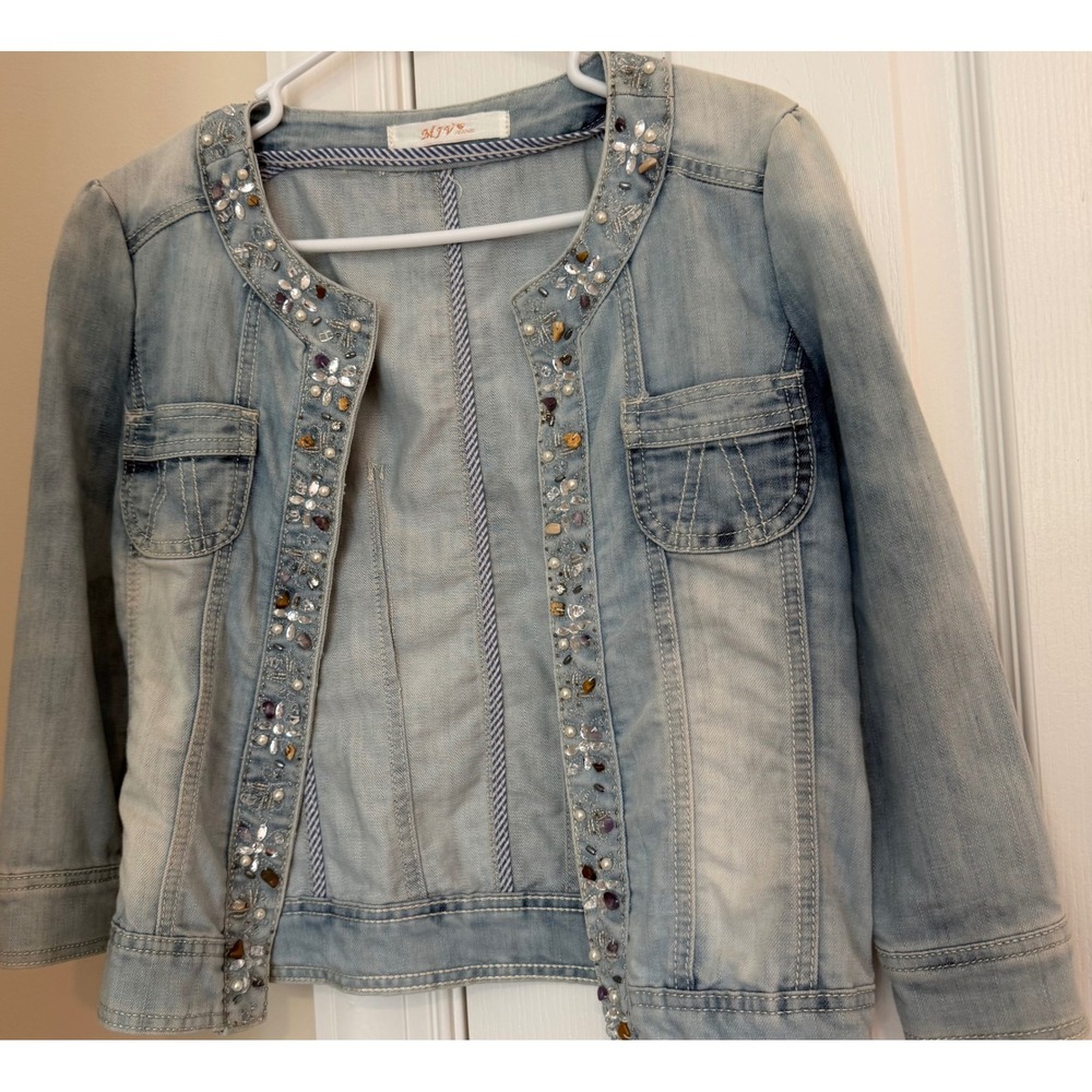 MJV Jeans Light Wash Embellished Beaded Denim Jacket Womens Medium Cropped